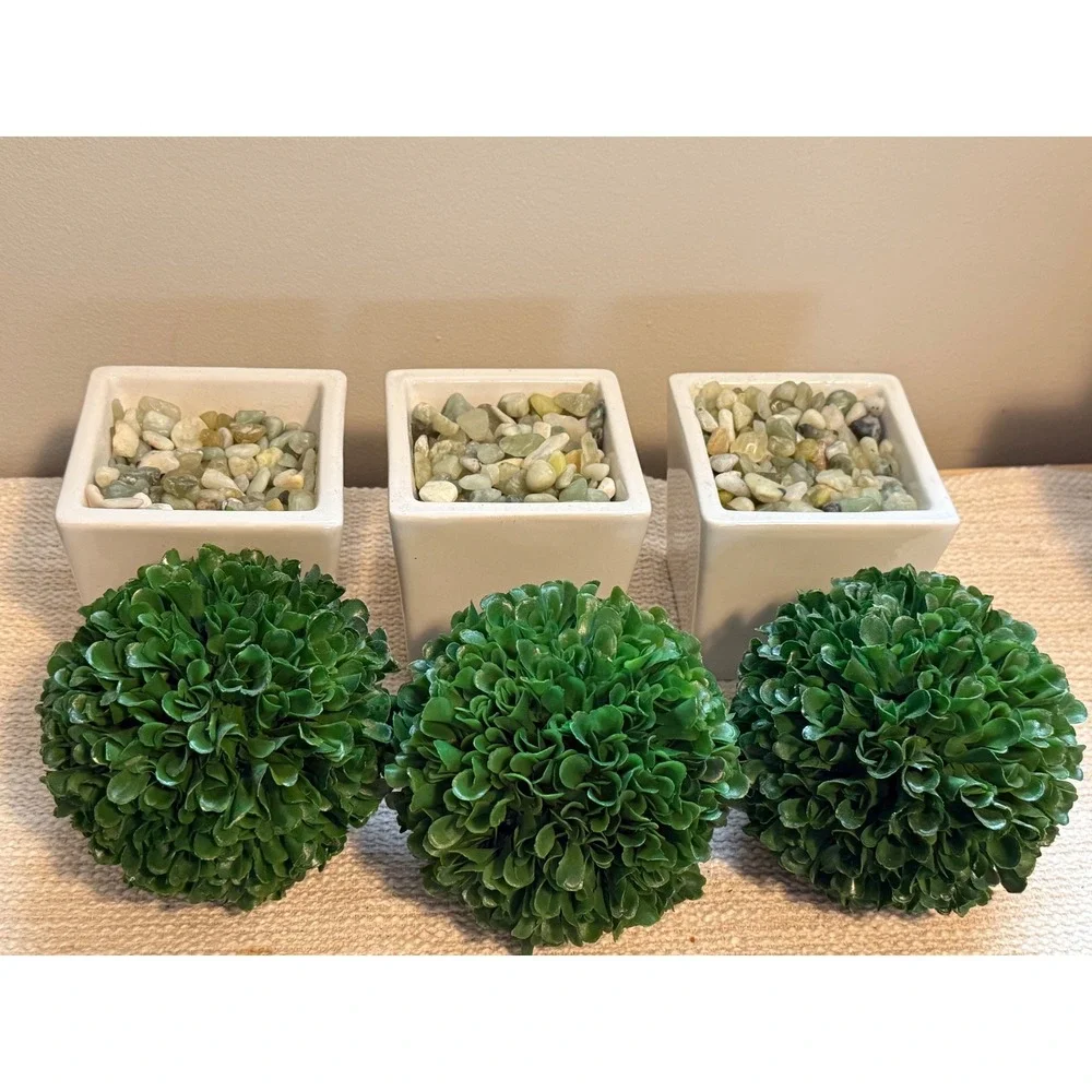 Set of 3 Faux Boxwood Topiary Plants in White Ceramic Square Pots with Stones